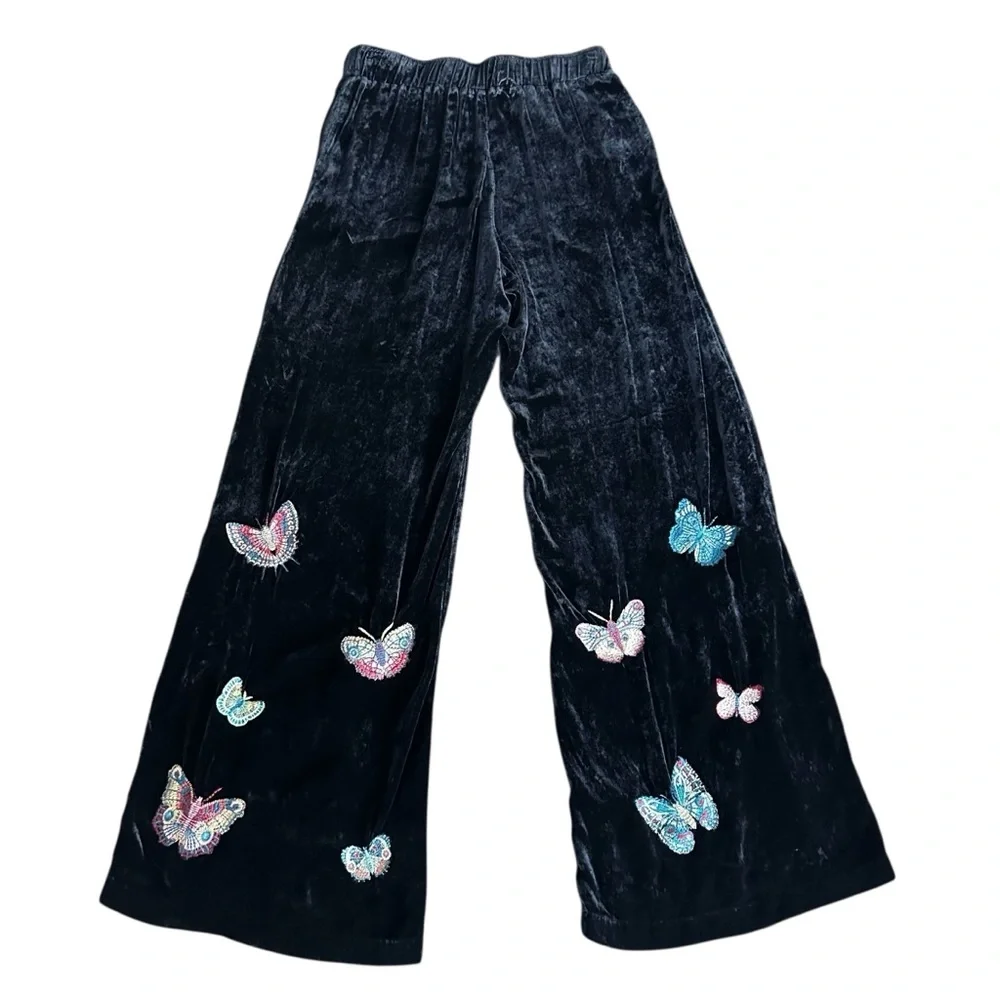 JOHNNY WAS‎ Luciana Seamed Wide Leg Velvet Pant Embroidered Butterflies Size XS